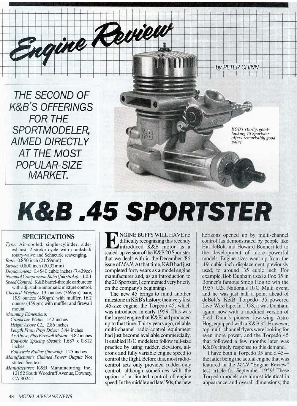 K&B 45 Sportster Gros Moteur Ancien RC Vintage Model Engine Made in USA